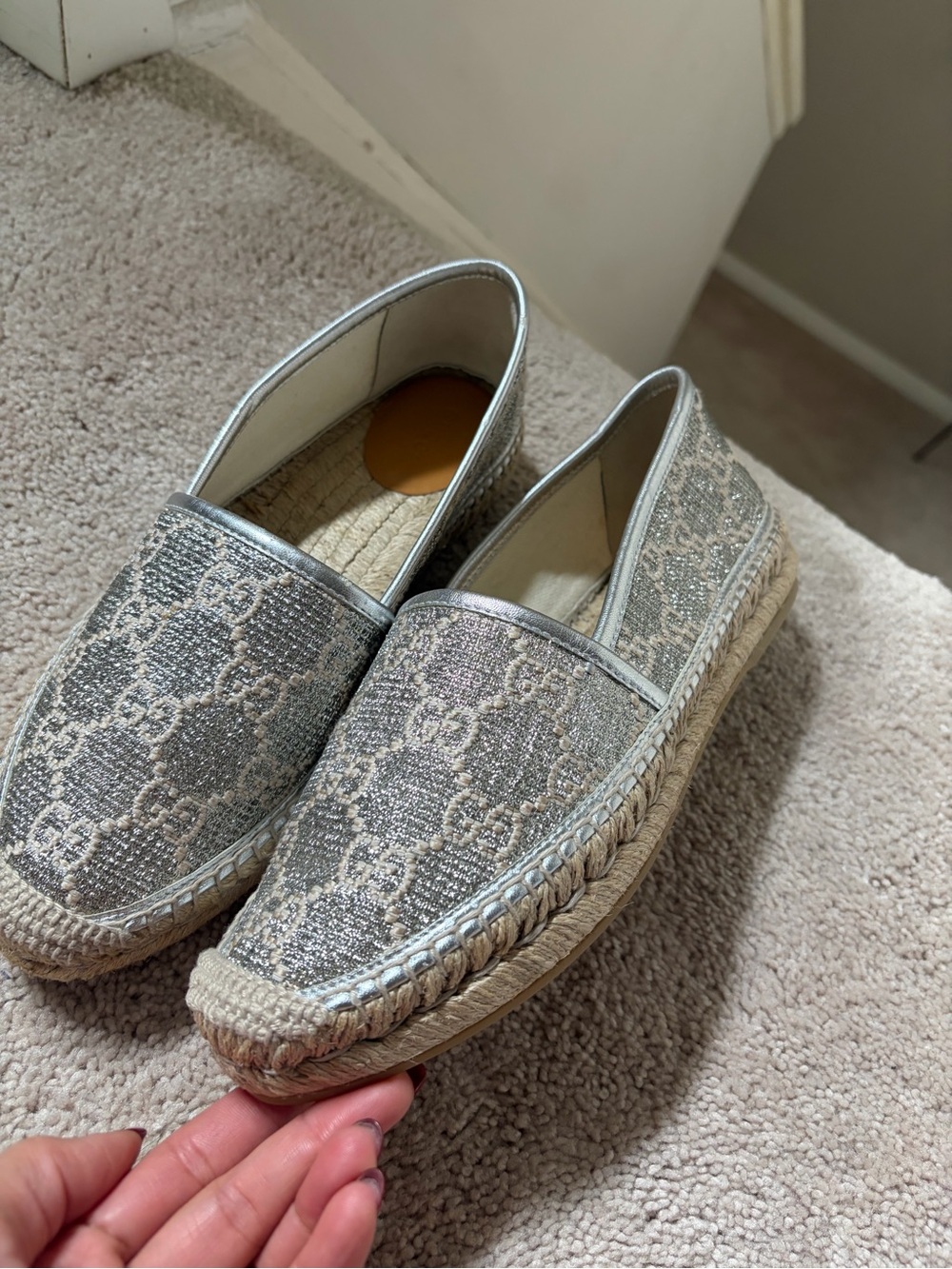 Gucci Silver Metallic Monogram Espadrille Flats - Picture 5 of 10